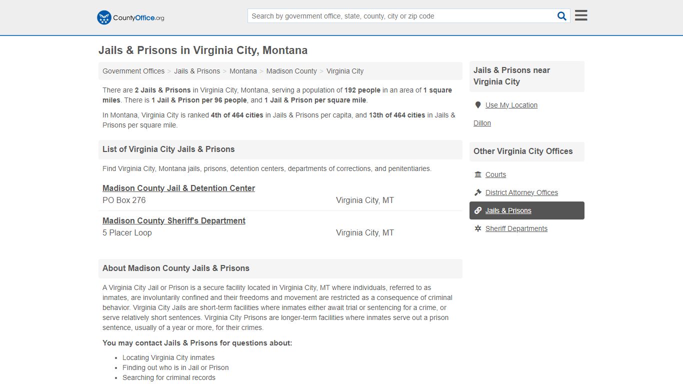 Jails & Prisons - Virginia City, MT (Inmate Rosters & Records)