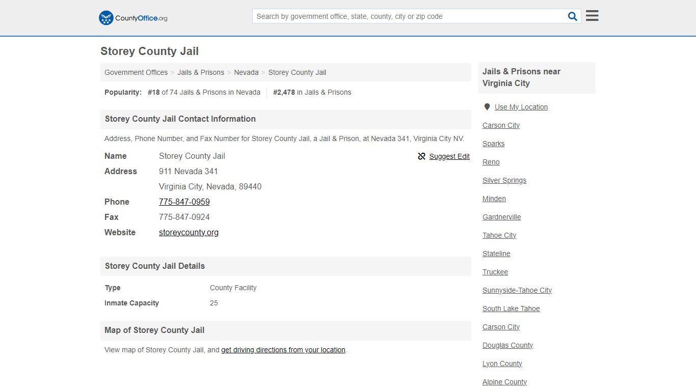 Storey County Jail - Virginia City, NV (Address, Phone, and Fax)